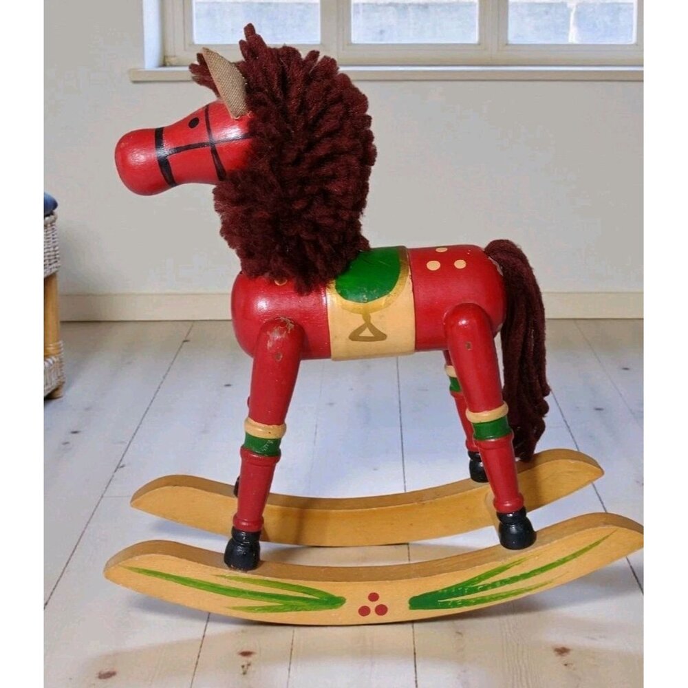 Vintage Folk Art Wooden Rocking Horse Handpainted Retro Toy 7.25"